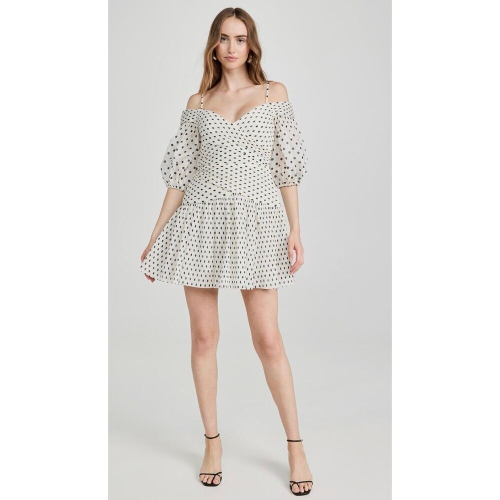 NWT Zimmermann Cream & Black Polka Dot Pleated Swwetheart Mini Dress Women's 0